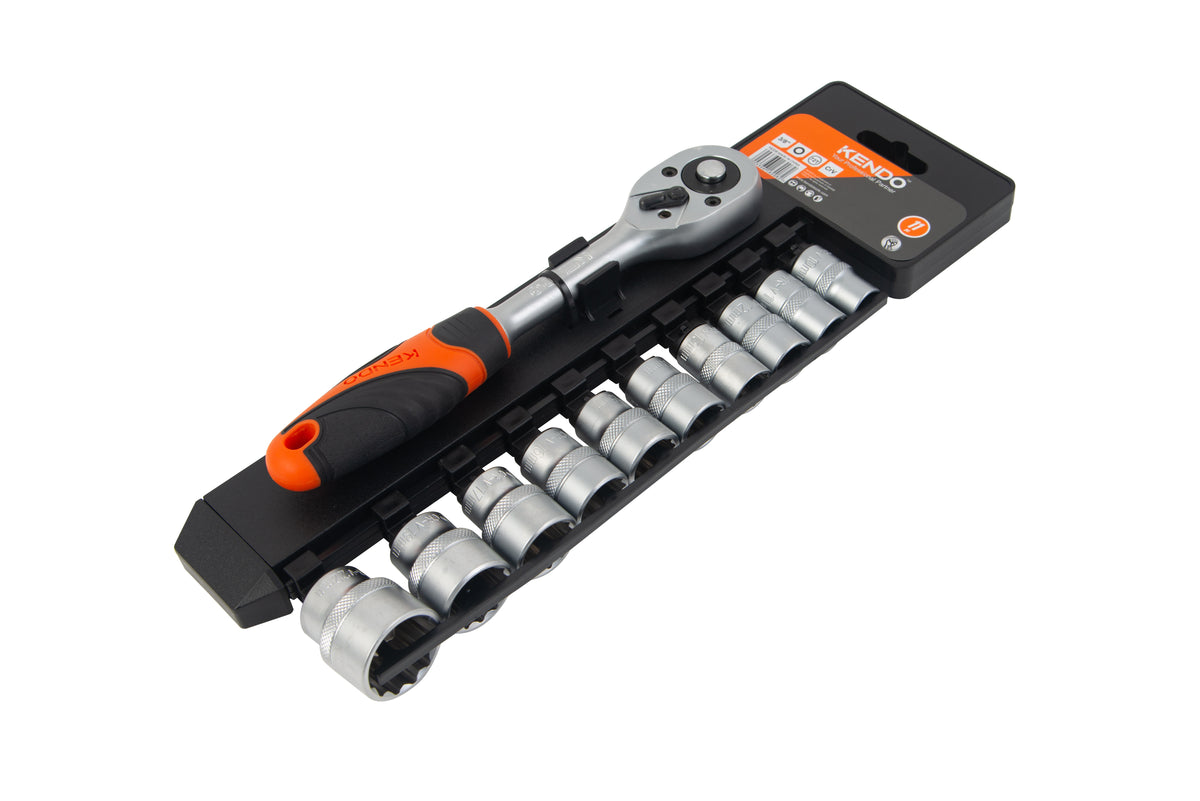 Kendo 16208 - 3/8" Ratchet With Sockets Set 10-22mm 11 Pc With Holder