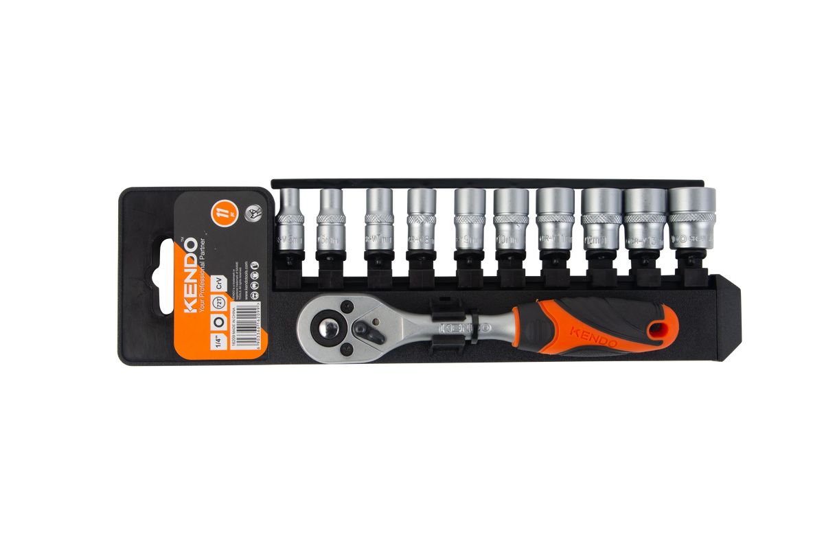 Kendo 16209 - 1/4" Ratchet With Sockets Set 5-14mm 11 Pc With Holder