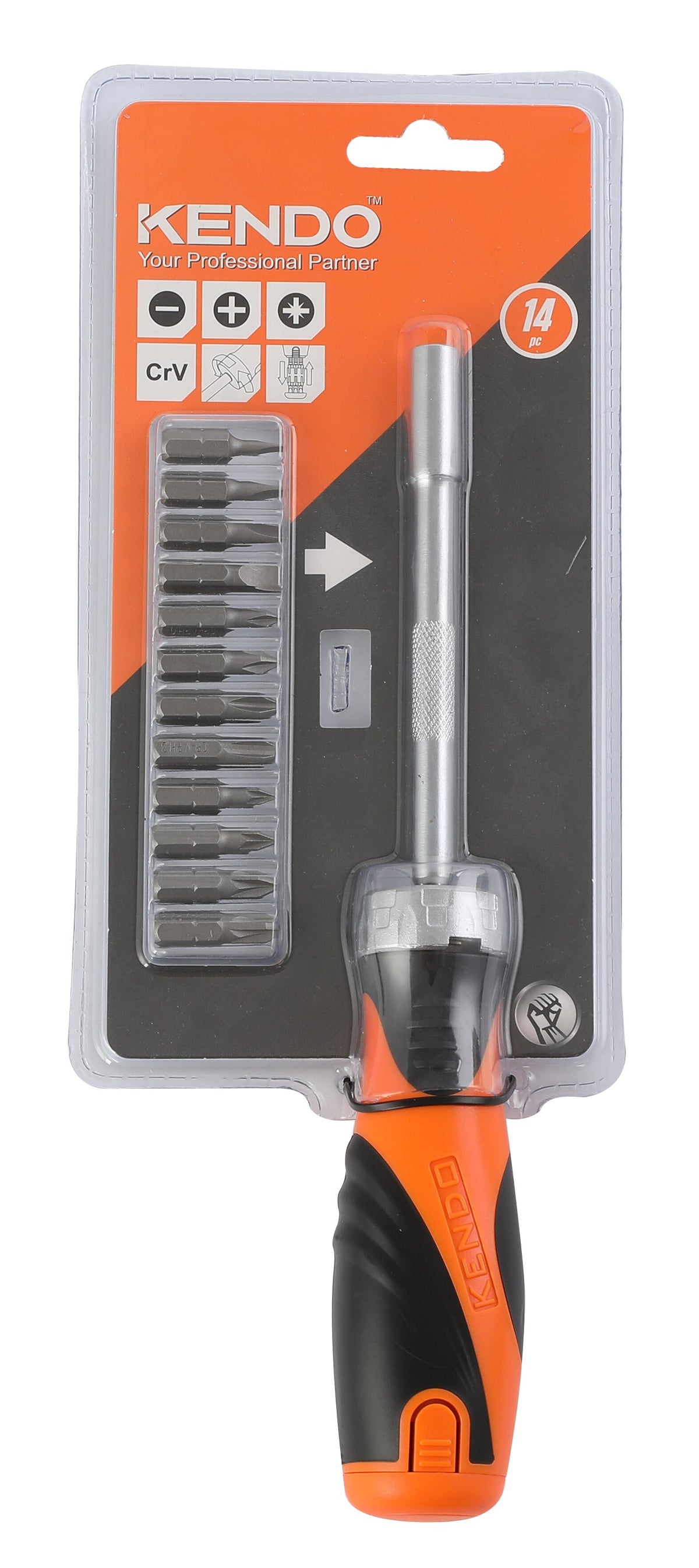 Kendo 20016 - 14 pcs Ratchet Screwdriver Set 1/4" Magnetic Bit Holder With Storage Handle