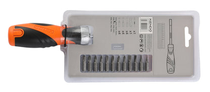 Kendo 20016 - 14 pcs Ratchet Screwdriver Set 1/4" Magnetic Bit Holder With Storage Handle