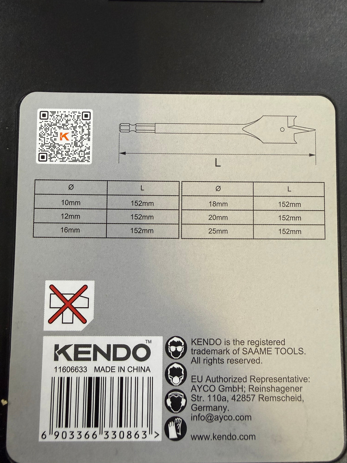 Kendo 11606633 - Wood Spade Drill Bit Set 6pc 10-25mm 152mm Hex Carbon Steel in Carry Case