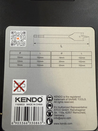 Kendo 11606633 - Wood Spade Drill Bit Set 6pc 10-25mm 152mm Hex Carbon Steel in Carry Case