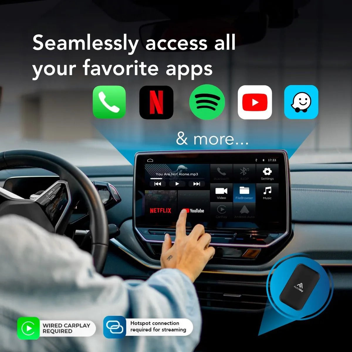 Autosky WCPAA-DUAL - Wireless CarPlay and Android Auto Adapter With Netflix & YouTube