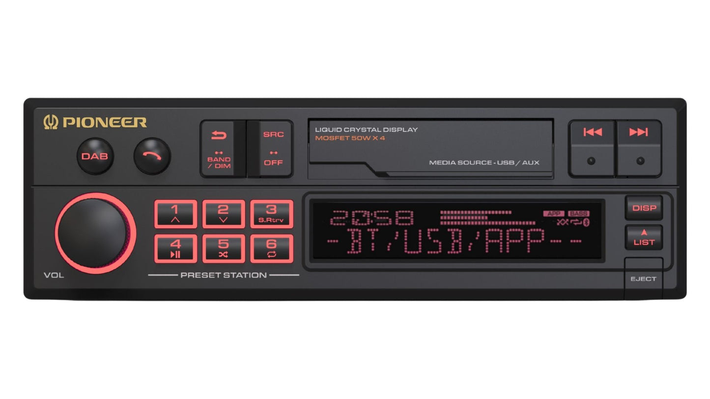 Pioneer SXT-C10PS - Single DIN Retro Tape Deck Style Bluetooth, DAB+, USB, Aux Stereo