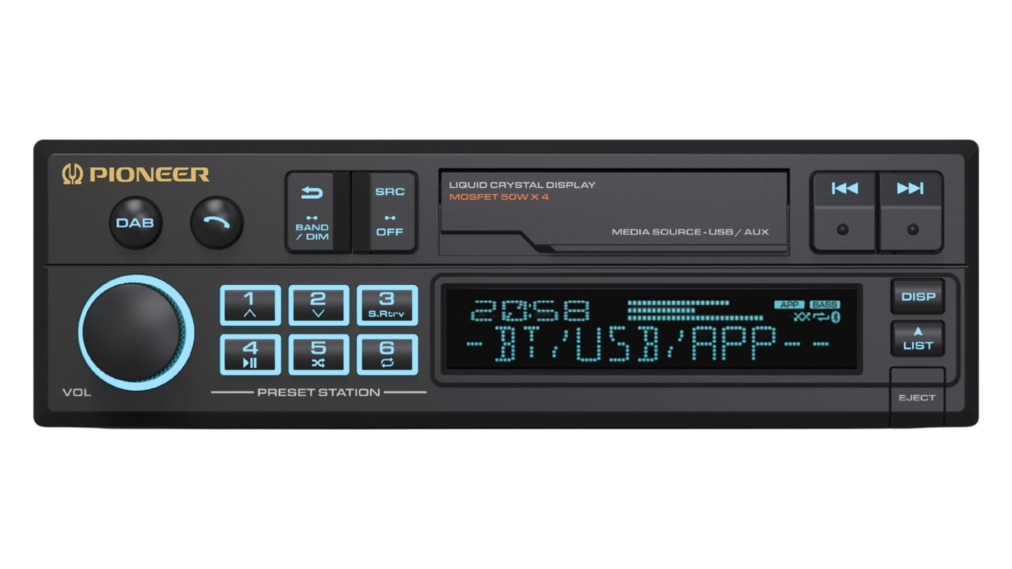 Pioneer SXT-C10PS - Single DIN Retro Tape Deck Style Bluetooth, DAB+, USB, Aux Stereo