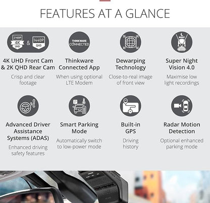 Thinkware U3000 PRO 1CH 4K Front Only Dashcam, With Built-In Radar & HDR, Bluetooth, Wifi, Super Night Vision, 64GB SD Card