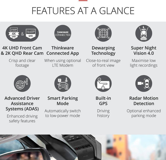 Thinkware U3000 PRO-2CH 4K Front & 2K Rear Dashcam, Built-In Radar & HDR, Bluetooth, Wifi, Super Night Vision, 64GB SD Card